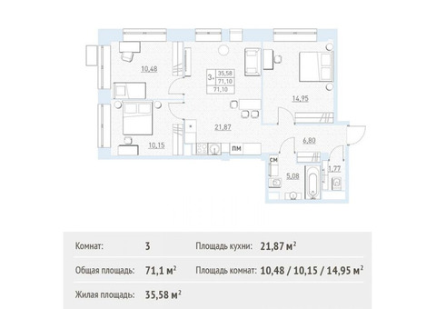 Продается 3-к. квартира, 71,1 кв.м. в ЖК 'Столичный'