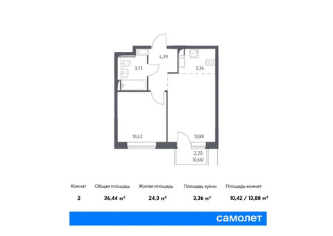 Продается 2-к. квартира, 36,44 кв.м. в ЖК «Прибрежный Парк»