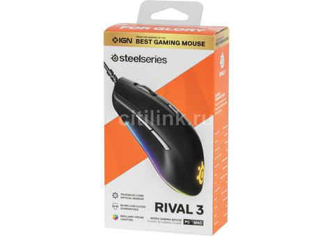 Характеристики мышь SteelSeries Rival 3, игровая, оптическая, проводная, USB, черный [62513]