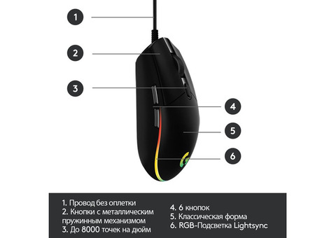 Характеристики мышь Logitech G102 LIGHTSYNC, игровая, оптическая, проводная, USB, черный [910-005823]