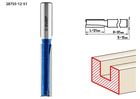 Фреза пазовая прямая с нижними подрезателями Зубр Профессионал 28755-12-51 12х51 мм