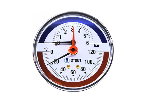 Термоманометр аксиальный STOUT - 1/2" (D80 мм, шкала 0-120°C/0-6 бар, с запорным клапаном)