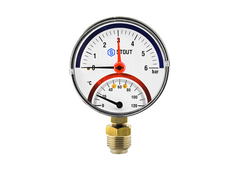 Термоманометр радиальный STOUT - 1/2" (D80 мм, шкала 0-120°C/0-6 бар, с запорным клапаном)