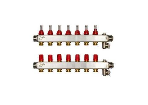 Коллекторная группа для теплого пола Danfoss SSM-F - 1" на 7 контуров 3/4"EK (нерж.сталь)