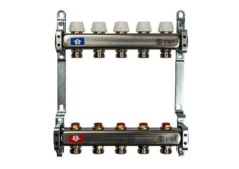 Коллекторная группа для радиаторного отопления STOUT SMS0922 - 1" на 5 контуров 3/4"EK (нерж.сталь)