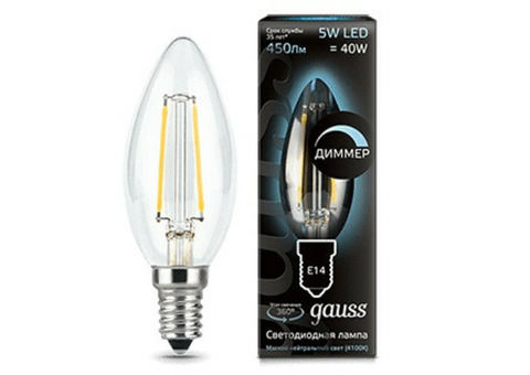 Лампа светодиодная Gauss 103801205-D Filament Candle 5W E14 4100К dimmable