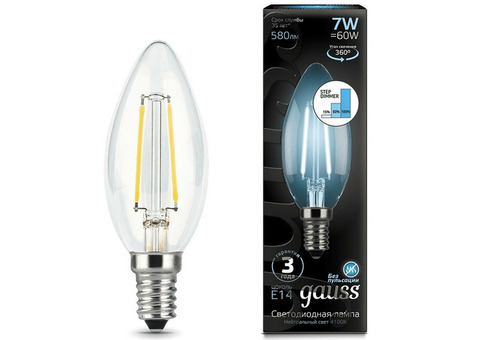 Лампа светодиодная Gauss 103801207-S Filament Candle 7W E14 4100К step dimmable