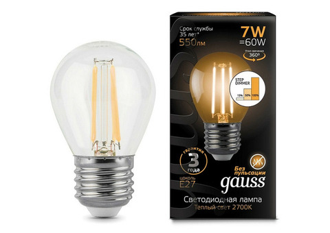 Лампа светодиодная Gauss 105802107-S Filament Globe 7W E27 2700K step dimmable