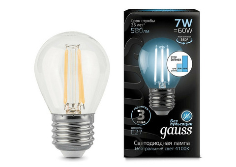 Лампа светодиодная Gauss 105802207-S Filament Globe 7W E27 4100K step dimmable