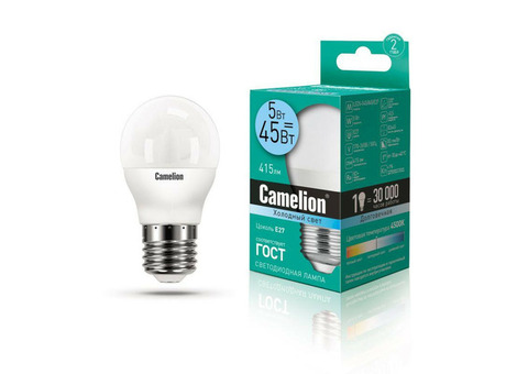 Лампа светодиодная LED5-G45/845/E27 5Вт шар 4500К бел. E27 405лм 220-240В Camelion 12030