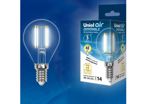 Лампа светодиодная Uniel Air LED-G45-5W/NW/E14/CL/DIM GLA01TR диммируемая прозрачная 4000K