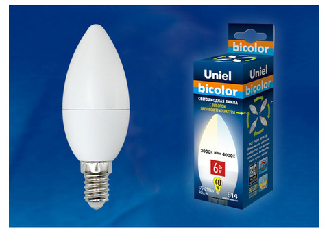 Лампа светодиодная Uniel Bicolor LED-C37-6W/E14 матовая 3000K, 4000K