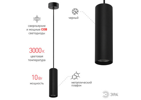 Светильник подвесной Эра PL1 COB-10 BK 300 80х300х1000 мм черный