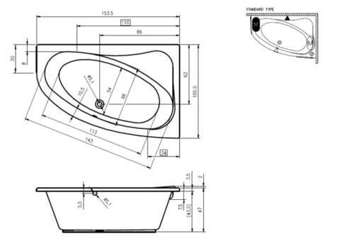 Ванна акриловая Riho Lyra 153,5x100,5 см L