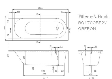 Ванна квариловая Villeroy & Boch Oberon UBQ170OBE2V-96 170х75 см