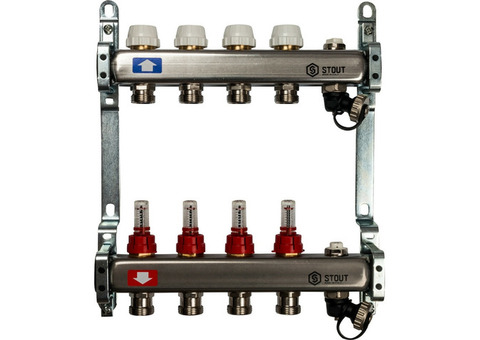 Коллектор распределительный Stout SMS 0927 000004 на 4 контура с расходомерами с выпускным клапаном и сливом