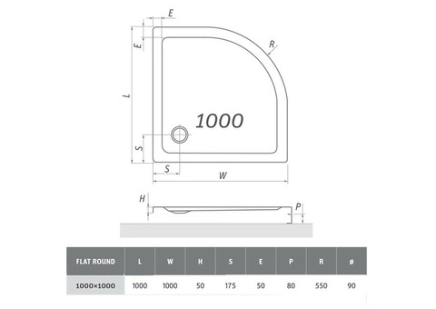 Поддон душевой Roltechnik Flat Round 100 8000117 полукруглый 1000х1000х50 мм