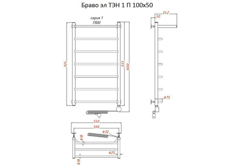 Полотенцесушитель электрический Тругор Браво ТЭН 1 П 100х50 см ЛЦ4