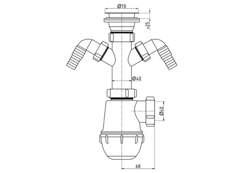 Сифон АниПласт Грот A1110 1 1/2х40 с двумя отводами для стиральной и посудомоечной машины с гибкой трубой 40х50 мм