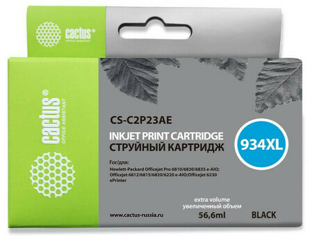 Картридж струйный Cactus CS-C2P23AE №934XL черный (56.6 мл) для HP DJ Pro 6230/6830 (CS-C2P23AE)