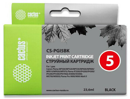 Картридж струйный Cactus CS-PGI5BK черный (23.6мл) для Canon Pixma MP470/MP500/MP520/MP530/MP600/MP800/MP810/MP830/MP979/iP3500/iP4200/iP4300/iP5200/iP5300/iP6700D/MX700/MX850/iX4000/iX5000/Pro 9000/9000Mark II (CS-PGI5BK)