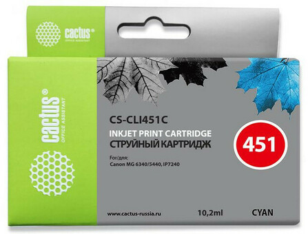 Картридж струйный Cactus CS-CLI451C голубой (10.2мл) для Canon MG6340/5440/IP7240 (CS-CLI451C)