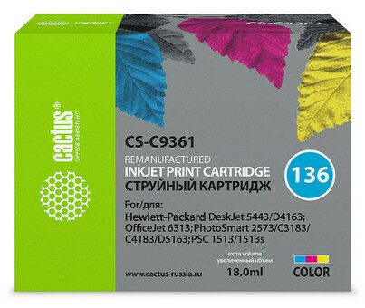 Картридж струйный Кактус CS-C9361 №136 многоцветный (18 мл) HP DJ 5443/D4163/DJ. 6313/PS 2573/C3183/C4183/D5163/1513/1513s (CS-C9361)