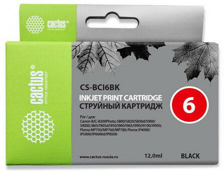 Картридж струйный Кактус CS-BCI6BK Black ( 12мл ) для Canon i905D/i950S/i960x/i965/i990/i9100/i9950/S800/S820/S900/S9000/iP600D/iP8500/JX500/MP750/MP760/BJC-8200 (CS-BCI6BK)