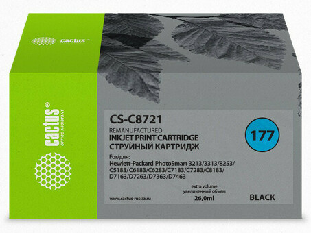 Картридж струйный Cactus CS-C8721 №177 черный (26 мл) для HP PS3213/3313/8253/C5183/C6183/C6283/C7183/C7283/C8183/D7163/D7263/D7363/D7463 (CS-C8721)