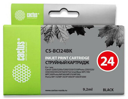 Картридж струйный Cactus CS-BCI24BK черный (9.2мл) для Canon S200/S200x/S300/S330/S330/i250/i320/i350/i450/i455/i470D/i475D/MP110/MP130/MP360/MP370/MP390/MPC190/MPC200/iP1000/iP1500/iP2000 (CS-BCI24BK)