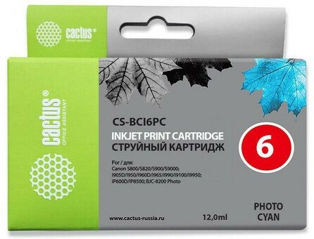 Картридж струйный Cactus CS-BCI6PC светло-голубой ( 12мл Canon BJC-8200, PIXMA MP750/MP760/MP780/IP5000/IP6000D/IP8500, S800/S820D/S830D/S900/S900/S900/S9000/i865/i905D/i9100/i950/i965/i990/i9900/i9950 (CS-BCI6PC)