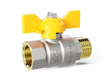 Кран латунный шаровой LD Pride GAS DN15 PN 40, никелированный, бабочка муфта-штуцер