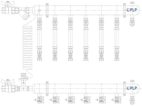 Узел коллекторный для отопления этажный с левым подключением на 6 выходов PLP УКЭО-Л-25-АИ-А20-50СТ-100-6-15-Р15Э-ВП110-РВ-КД