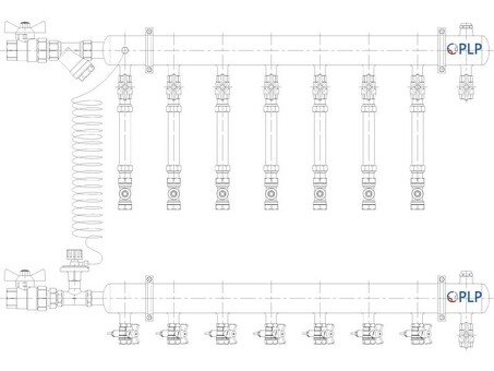 Узел коллекторный для отопления этажный с левым подключением на 7 выходов PLP УКЭО-Л-25-АИ-А20-50СТ-100-7-15-Р15Э-ВП110-РВ-КД