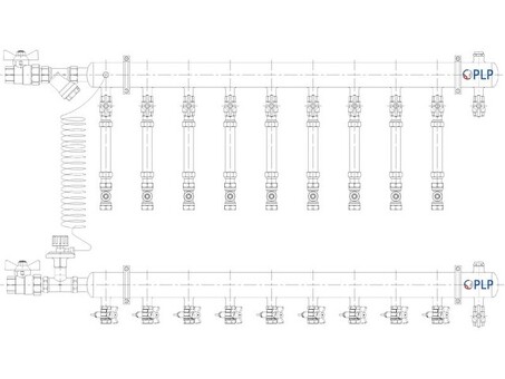 Узел коллекторный для отопления этажный с левым подключением на 9 выходов PLP УКЭО-Л-25-АИ-А25-50СТ-100-9-15-Р15Э-ВП110-РВ-КД