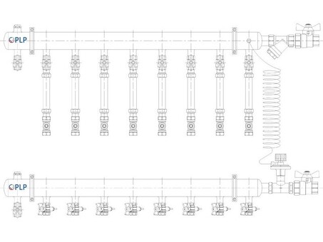 Узел коллекторный для отопления этажный с правым подключением на 8 выходов PLP УКЭО-П-25-АИ-А25-50СТ-100-8-15-Р15Э-ВП110-РВ-КД