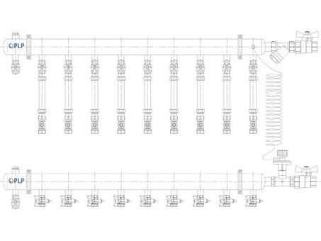 Узел коллекторный для отопления этажный с правым подключением на 9 выходов PLP УКЭО-П-25-АИ-А25-50СТ-100-9-15-Р15Э-ВП110-РВ-КД