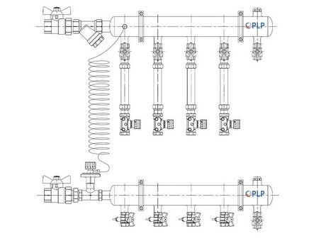 Узел коллекторный для отопления этажный с левым подключением на 4 выхода PLP УКЭО-Л-25-АИ-А20-50СТ-100-4-15-Р15-ВП110-РВ-КД