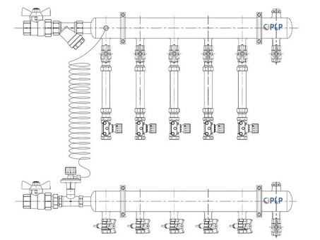 Узел коллекторный для отопления этажный с левым подключением на 5 выходов PLP УКЭО-Л-25-АИ-А20-50СТ-100-5-15-Р15-ВП110-РВ-КД