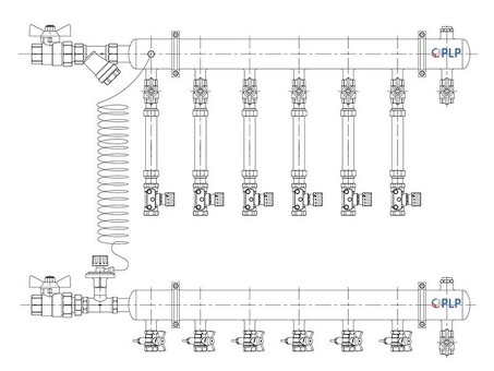 Узел коллекторный для отопления этажный с левым подключением на 6 выходов PLP УКЭО-Л-25-АИ-А20-50СТ-100-6-15-Р15-ВП110-РВ-КД