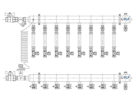 Узел коллекторный для отопления этажный с левым подключением на 8 выходов PLP УКЭО-Л-25-АИ-А25-50СТ-100-8-15-Р15-ВП110-РВ-КД