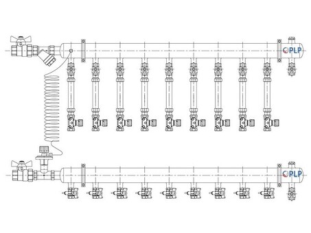 Узел коллекторный для отопления этажный с левым подключением на 9 выходов PLP УКЭО-Л-25-АИ-А25-50СТ-100-9-15-Р15-ВП110-РВ-КД