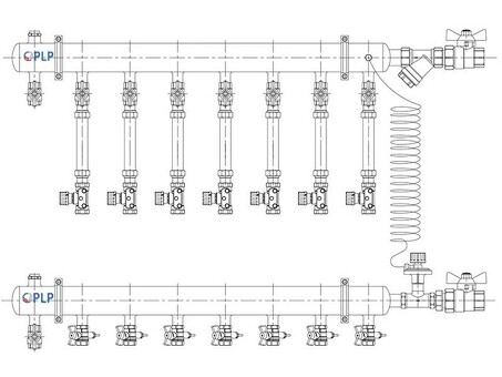 Узел коллекторный для отопления этажный с правым подключением на 7 выходов PLP УКЭО-П-25-АИ-А20-50СТ-100-7-15-Р15-ВП110-РВ-КД