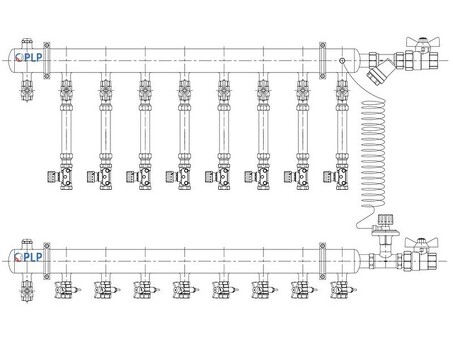 Узел коллекторный для отопления этажный с правым подключением на 8 выходов PLP УКЭО-П-25-АИ-А25-50СТ-100-8-15-Р15-ВП110-РВ-КД