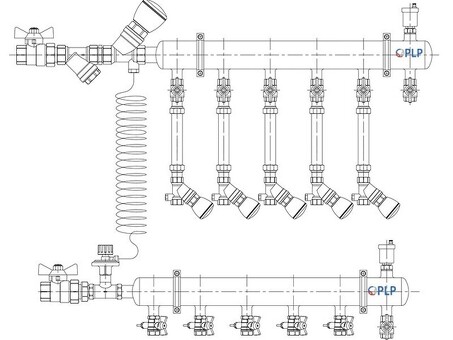 Узел коллекторный для отопления этажный с левым подключением на 5 выходов PLP УКЭО-Л-25-Р25-А20-50СТ-100-5-15-Р15-ВП110-АВ-КД