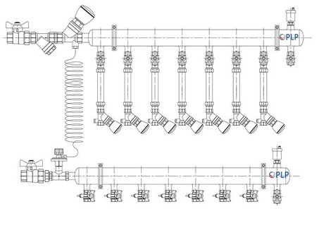 Узел коллекторный для отопления этажный с левым подключением на 7 выходов PLP УКЭО-Л-25-Р25-А20-50СТ-100-7-15-Р15-ВП110-АВ-КД