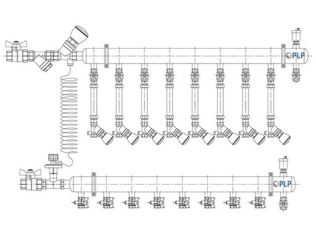 Узел коллекторный для отопления этажный с левым подключением на 8 выходов PLP УКЭО-Л-25-Р25-А25-50СТ-100-8-15-Р15-ВП110-АВ-КД