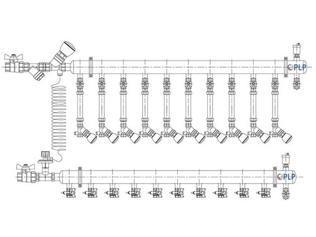 Узел коллекторный для отопления этажный с левым подключением на 10 выходов PLP УКЭО-Л-25-Р25-А25-50СТ-100-10-15-Р15-ВП110-АВ-КД