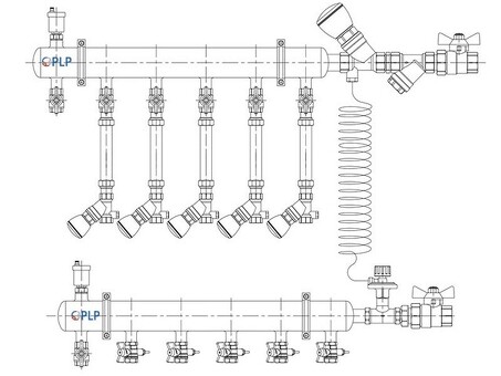 Узел коллекторный для отопления этажный с правым подключением на 5 выходов PLP УКЭО-П-25-Р25-А20-50СТ-100-5-15-Р15-ВП110-АВ-КД