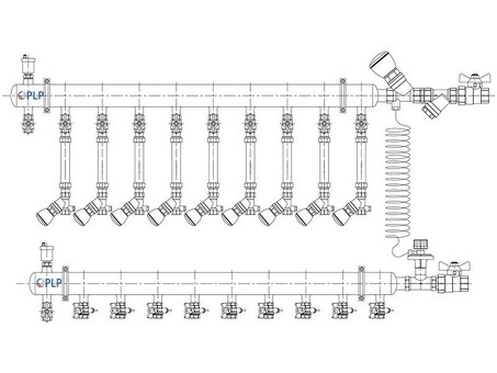 Узел коллекторный для отопления этажный с правым подключением на 9 выходов PLP УКЭО-П-25-Р25-А25-50СТ-100-9-15-Р15-ВП110-АВ-КД